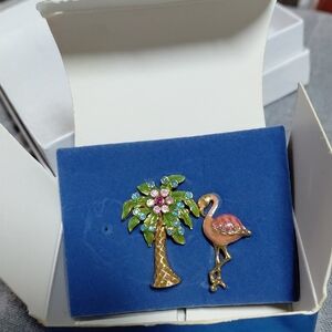 Avon Tropical Flamingo and Palm Tree Brooch - Pink, Green, Gold